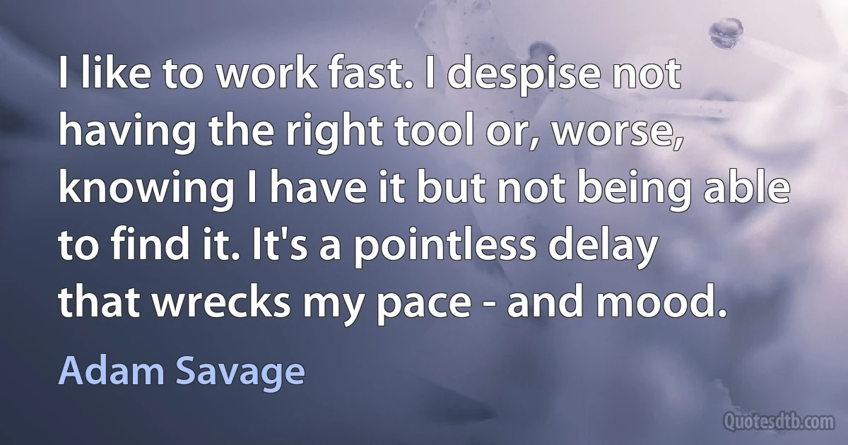 I like to work fast. I despise not having the right tool or, worse, knowing I have it but not being able to find it. It's a pointless delay that wrecks my pace - and mood. (Adam Savage)