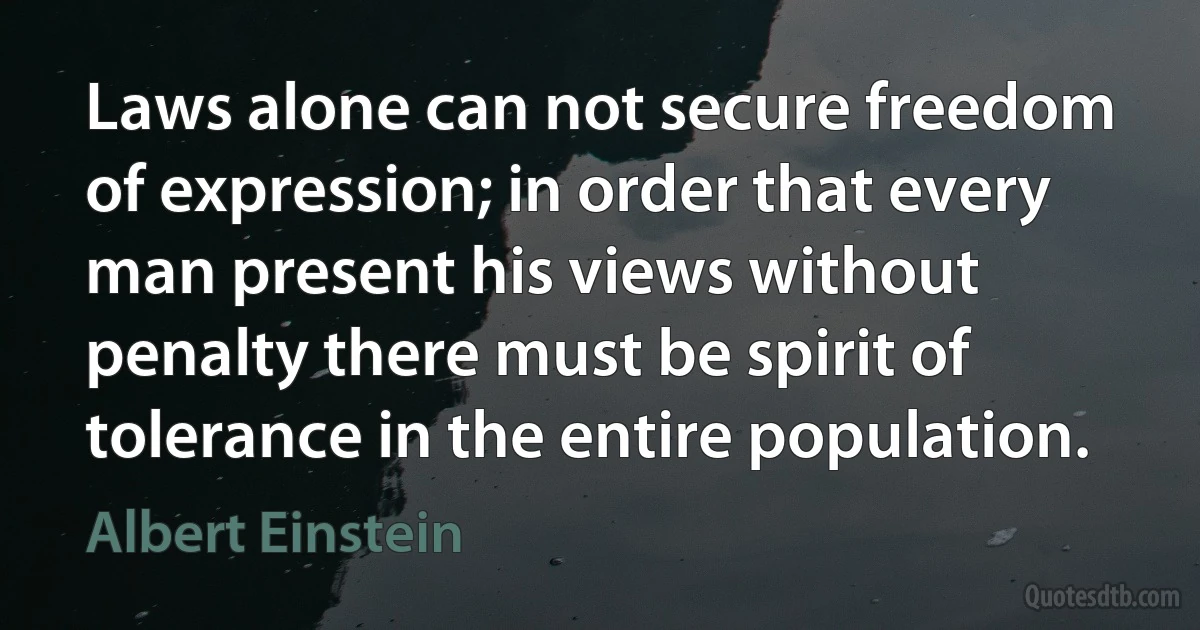 Laws alone can not secure freedom of expression; in order that every man present his views without penalty there must be spirit of tolerance in the entire population. (Albert Einstein)