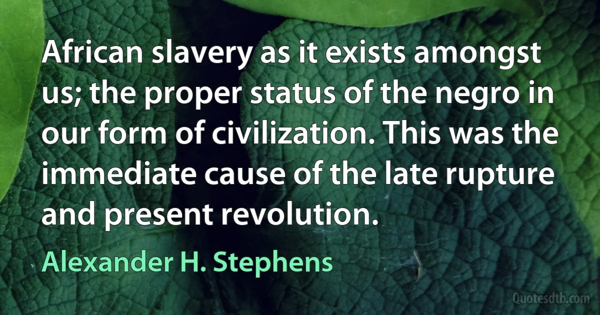 African slavery as it exists amongst us; the proper status of the negro in our form of civilization. This was the immediate cause of the late rupture and present revolution. (Alexander H. Stephens)