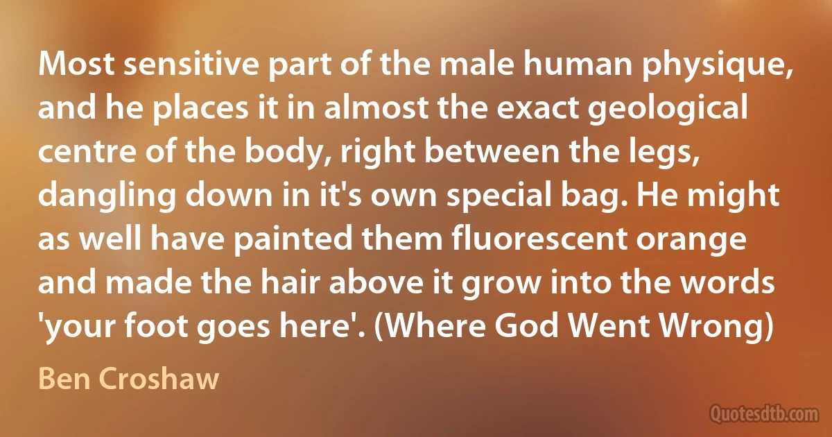 Most sensitive part of the male human physique, and he places it in almost the exact geological centre of the body, right between the legs, dangling down in it's own special bag. He might as well have painted them fluorescent orange and made the hair above it grow into the words 'your foot goes here'. (Where God Went Wrong) (Ben Croshaw)