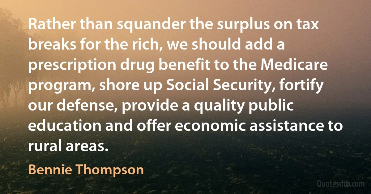 Rather than squander the surplus on tax breaks for the rich, we should add a prescription drug benefit to the Medicare program, shore up Social Security, fortify our defense, provide a quality public education and offer economic assistance to rural areas. (Bennie Thompson)