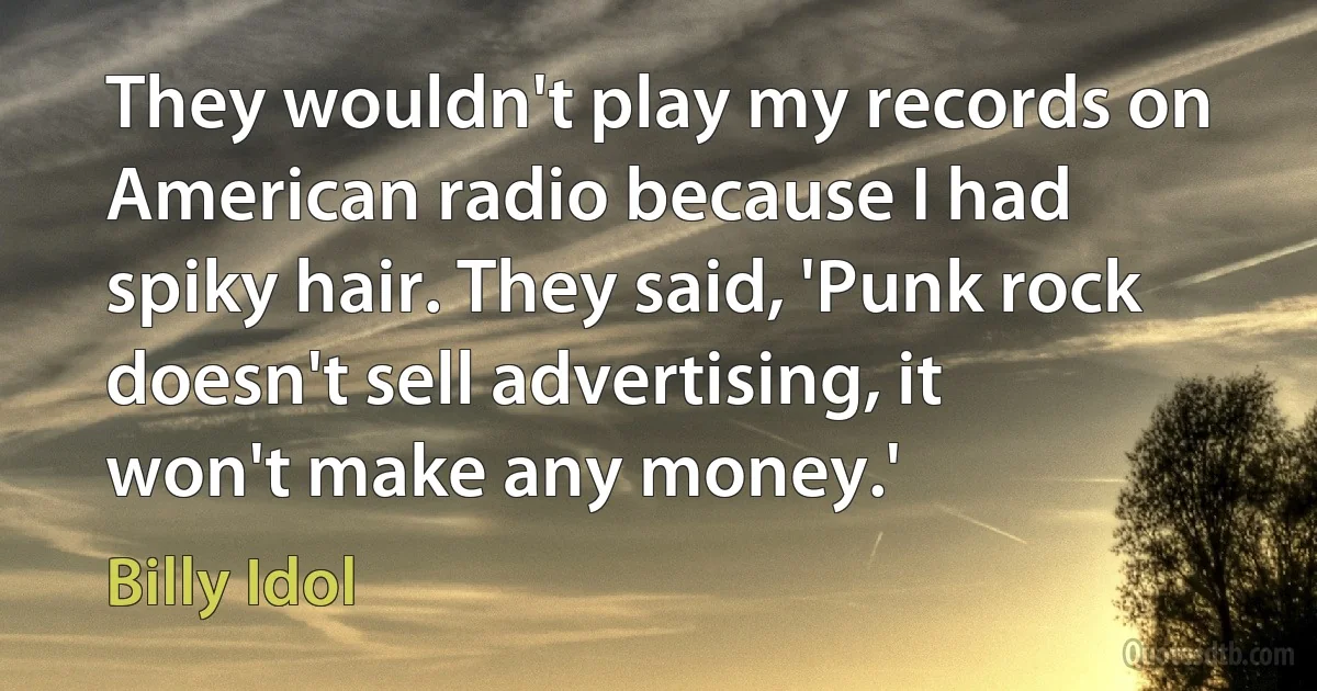 They wouldn't play my records on American radio because I had spiky hair. They said, 'Punk rock doesn't sell advertising, it won't make any money.' (Billy Idol)