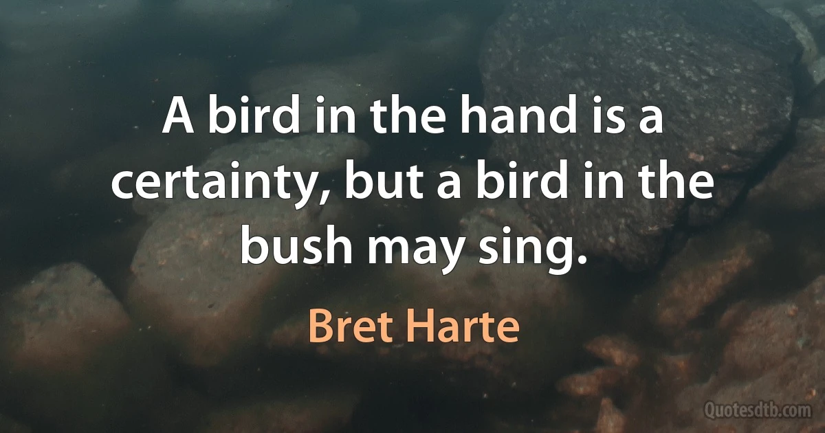 A bird in the hand is a certainty, but a bird in the bush may sing. (Bret Harte)