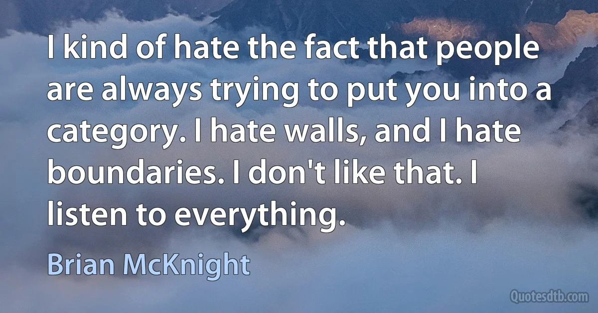 I kind of hate the fact that people are always trying to put you into a category. I hate walls, and I hate boundaries. I don't like that. I listen to everything. (Brian McKnight)