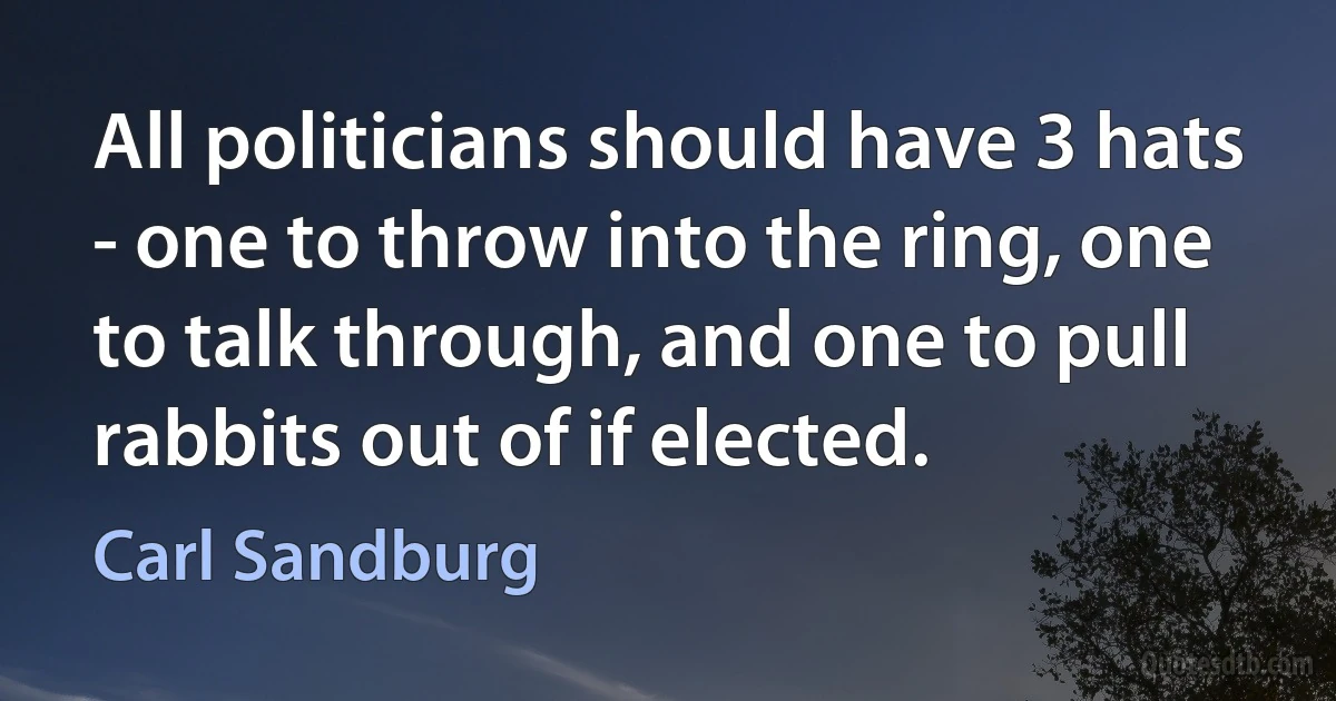 All politicians should have 3 hats - one to throw into the ring, one to talk through, and one to pull rabbits out of if elected. (Carl Sandburg)