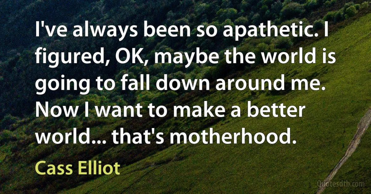 I've always been so apathetic. I figured, OK, maybe the world is going to fall down around me. Now I want to make a better world... that's motherhood. (Cass Elliot)