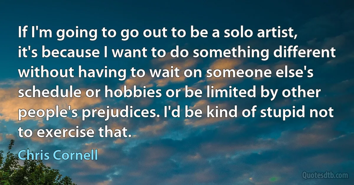 If I'm going to go out to be a solo artist, it's because I want to do something different without having to wait on someone else's schedule or hobbies or be limited by other people's prejudices. I'd be kind of stupid not to exercise that. (Chris Cornell)