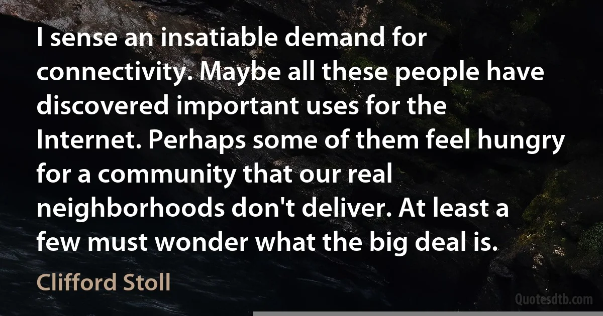 I sense an insatiable demand for connectivity. Maybe all these people have discovered important uses for the Internet. Perhaps some of them feel hungry for a community that our real neighborhoods don't deliver. At least a few must wonder what the big deal is. (Clifford Stoll)