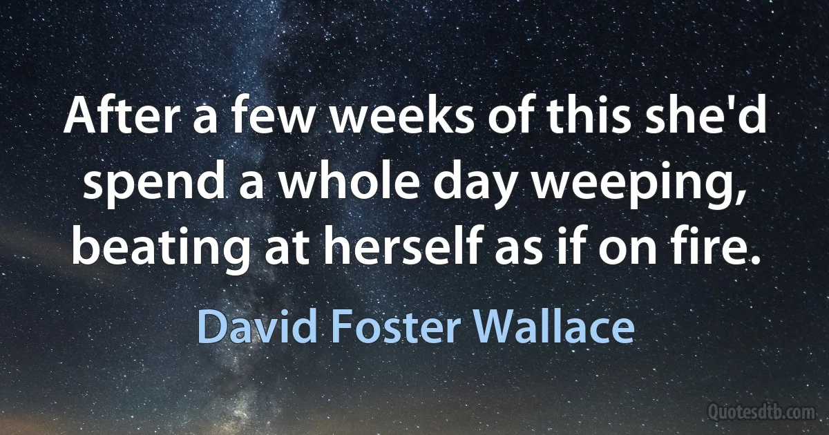 After a few weeks of this she'd spend a whole day weeping, beating at herself as if on fire. (David Foster Wallace)