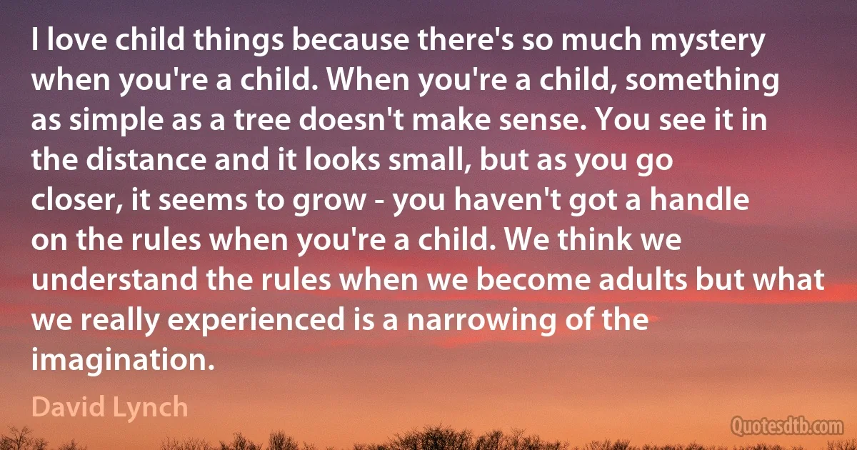 I love child things because there's so much mystery when you're a child. When you're a child, something as simple as a tree doesn't make sense. You see it in the distance and it looks small, but as you go closer, it seems to grow - you haven't got a handle on the rules when you're a child. We think we understand the rules when we become adults but what we really experienced is a narrowing of the imagination. (David Lynch)