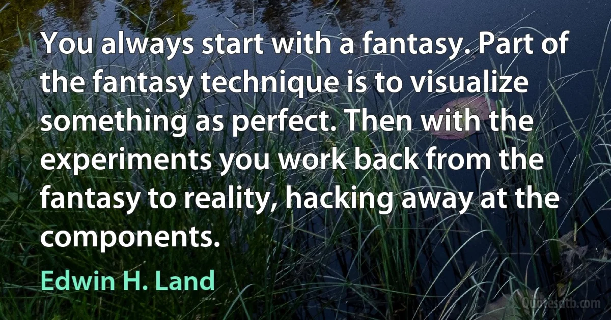 You always start with a fantasy. Part of the fantasy technique is to visualize something as perfect. Then with the experiments you work back from the fantasy to reality, hacking away at the components. (Edwin H. Land)