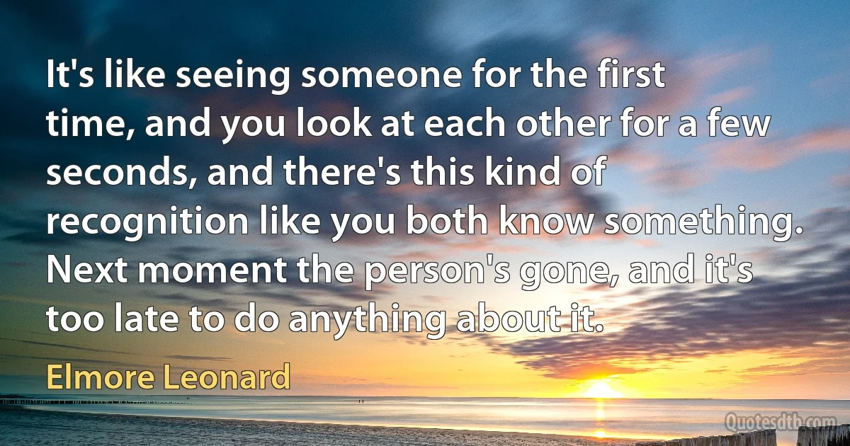 It's like seeing someone for the first time, and you look at each other for a few seconds, and there's this kind of recognition like you both know something. Next moment the person's gone, and it's too late to do anything about it. (Elmore Leonard)