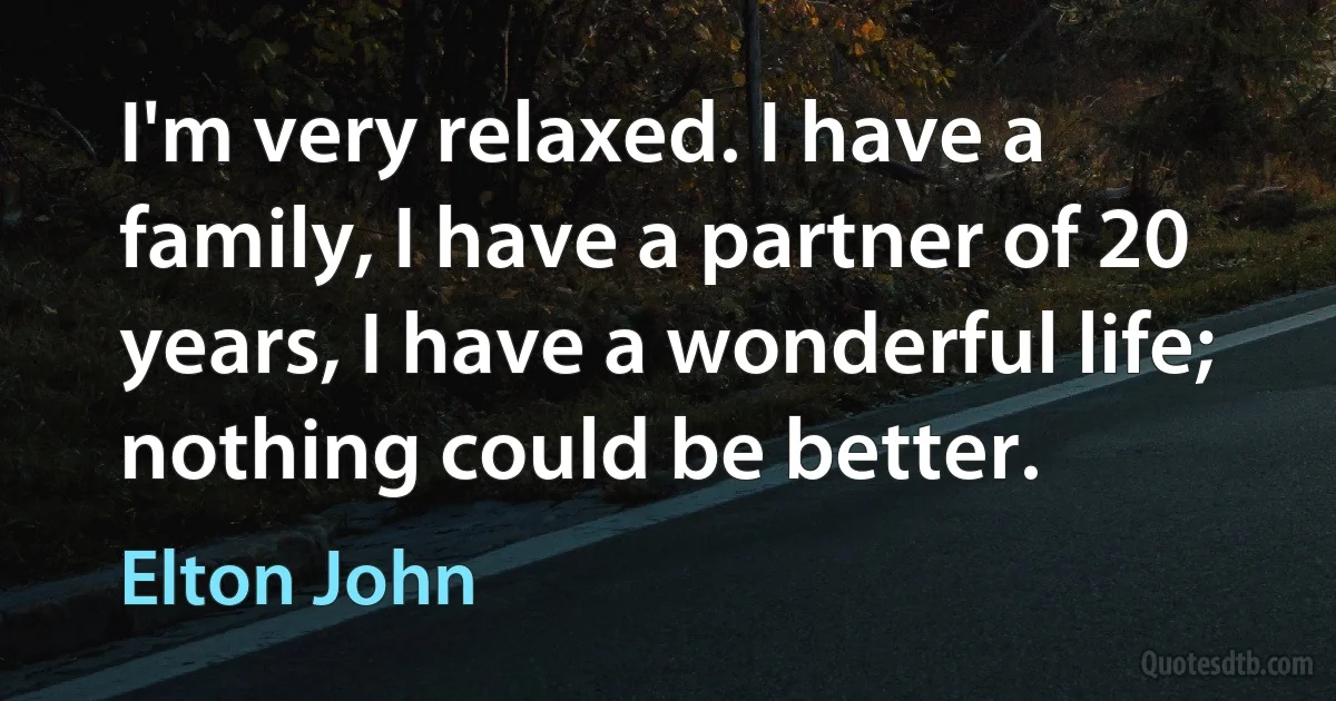 I'm very relaxed. I have a family, I have a partner of 20 years, I have a wonderful life; nothing could be better. (Elton John)