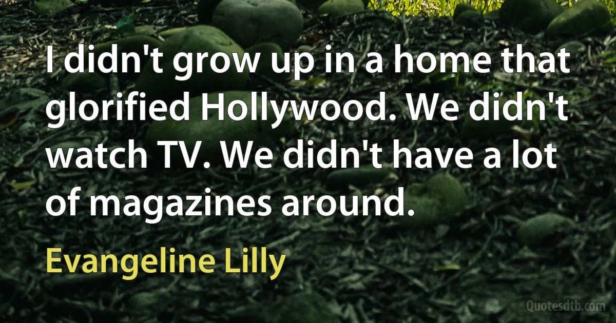 I didn't grow up in a home that glorified Hollywood. We didn't watch TV. We didn't have a lot of magazines around. (Evangeline Lilly)