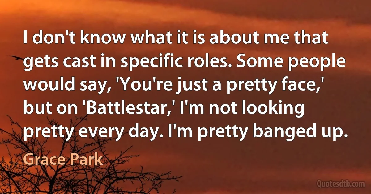 I don't know what it is about me that gets cast in specific roles. Some people would say, 'You're just a pretty face,' but on 'Battlestar,' I'm not looking pretty every day. I'm pretty banged up. (Grace Park)