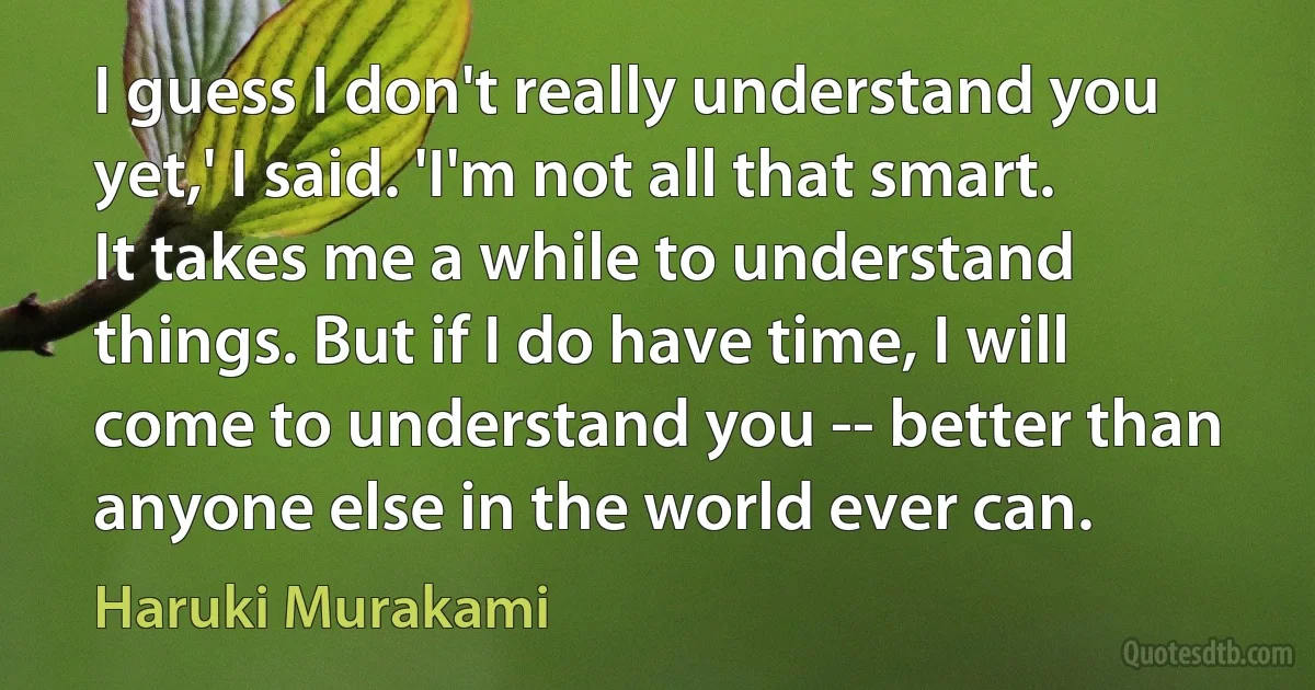 I guess I don't really understand you yet,' I said. 'I'm not all that smart. It takes me a while to understand things. But if I do have time, I will come to understand you -- better than anyone else in the world ever can. (Haruki Murakami)