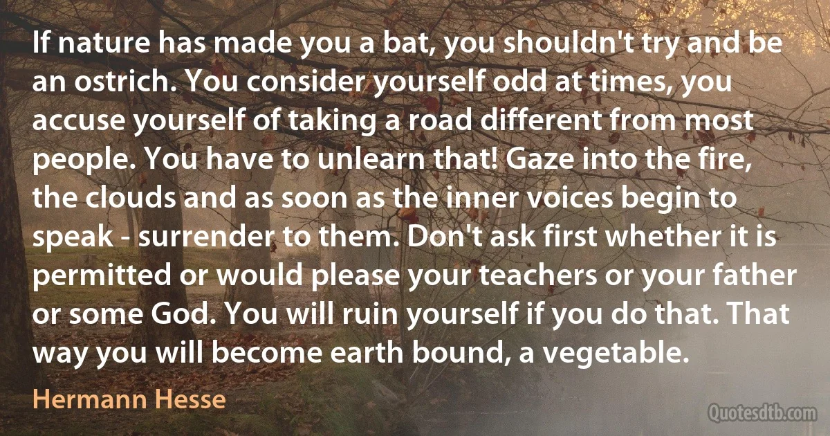 If nature has made you a bat, you shouldn't try and be an ostrich. You consider yourself odd at times, you accuse yourself of taking a road different from most people. You have to unlearn that! Gaze into the fire, the clouds and as soon as the inner voices begin to speak - surrender to them. Don't ask first whether it is permitted or would please your teachers or your father or some God. You will ruin yourself if you do that. That way you will become earth bound, a vegetable. (Hermann Hesse)