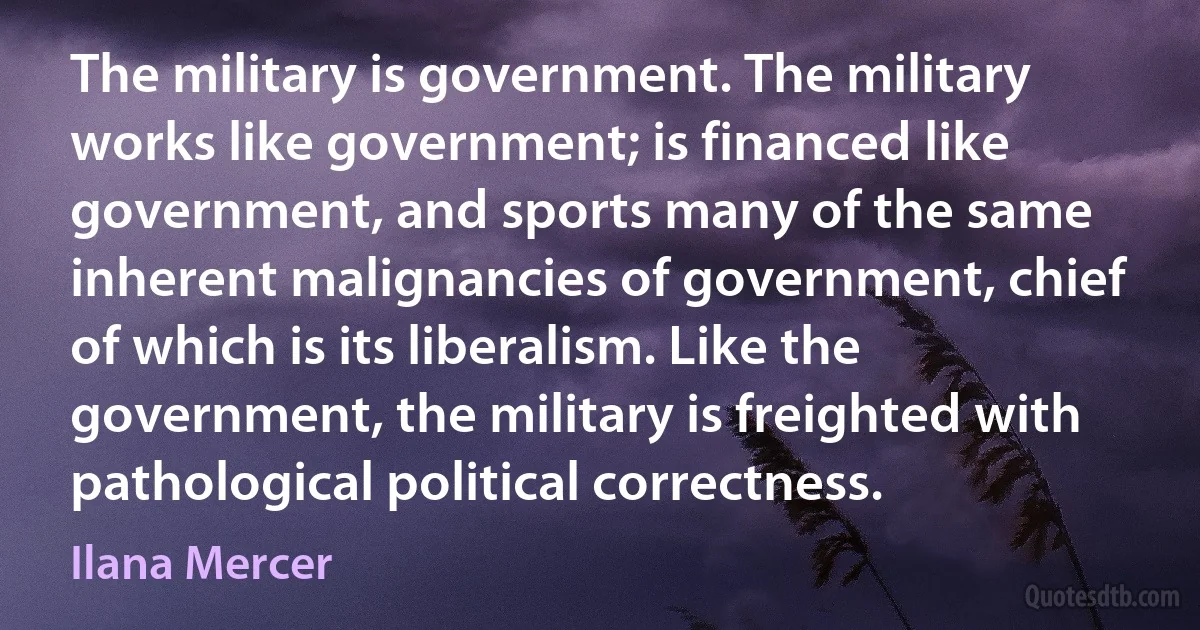 The military is government. The military works like government; is financed like government, and sports many of the same inherent malignancies of government, chief of which is its liberalism. Like the government, the military is freighted with pathological political correctness. (Ilana Mercer)