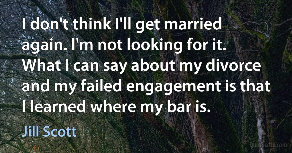 I don't think I'll get married again. I'm not looking for it. What I can say about my divorce and my failed engagement is that I learned where my bar is. (Jill Scott)