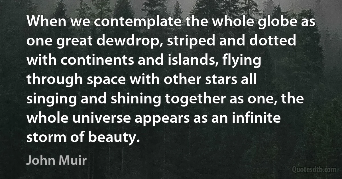 When we contemplate the whole globe as one great dewdrop, striped and dotted with continents and islands, flying through space with other stars all singing and shining together as one, the whole universe appears as an infinite storm of beauty. (John Muir)