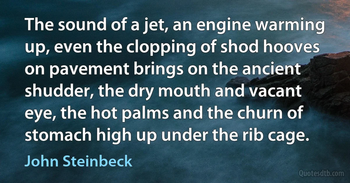 The sound of a jet, an engine warming up, even the clopping of shod hooves on pavement brings on the ancient shudder, the dry mouth and vacant eye, the hot palms and the churn of stomach high up under the rib cage. (John Steinbeck)