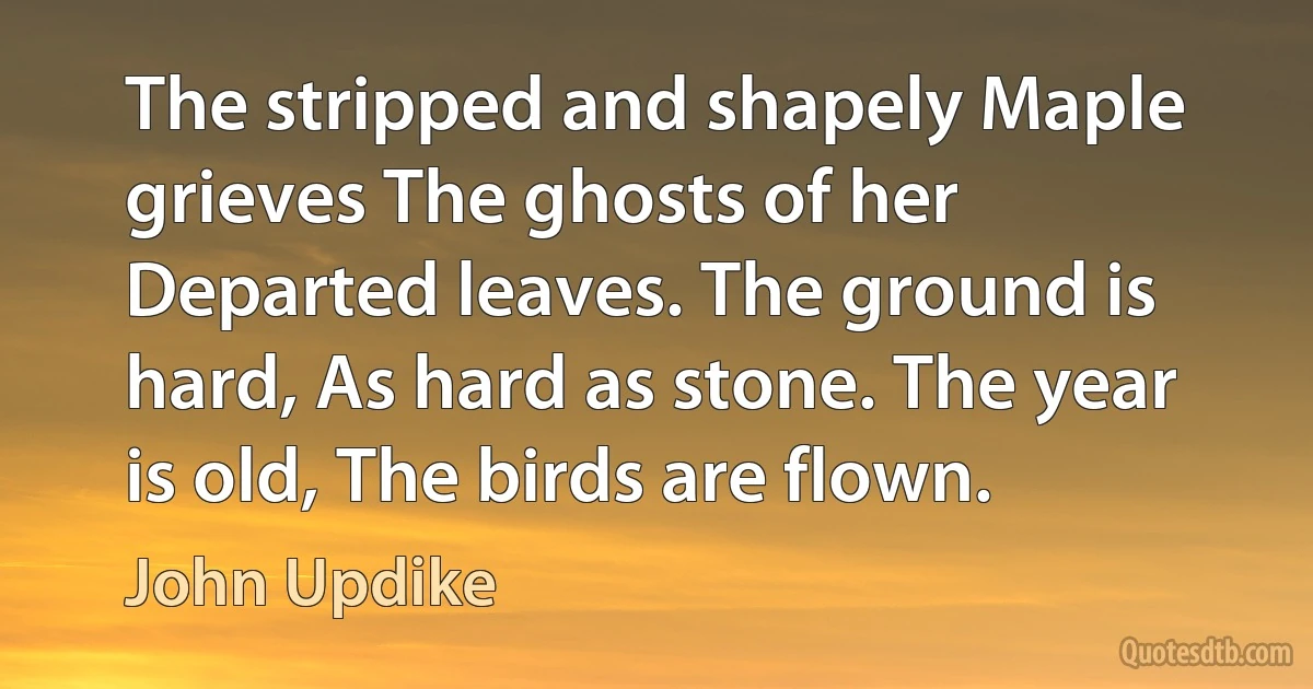 The stripped and shapely Maple grieves The ghosts of her Departed leaves. The ground is hard, As hard as stone. The year is old, The birds are flown. (John Updike)