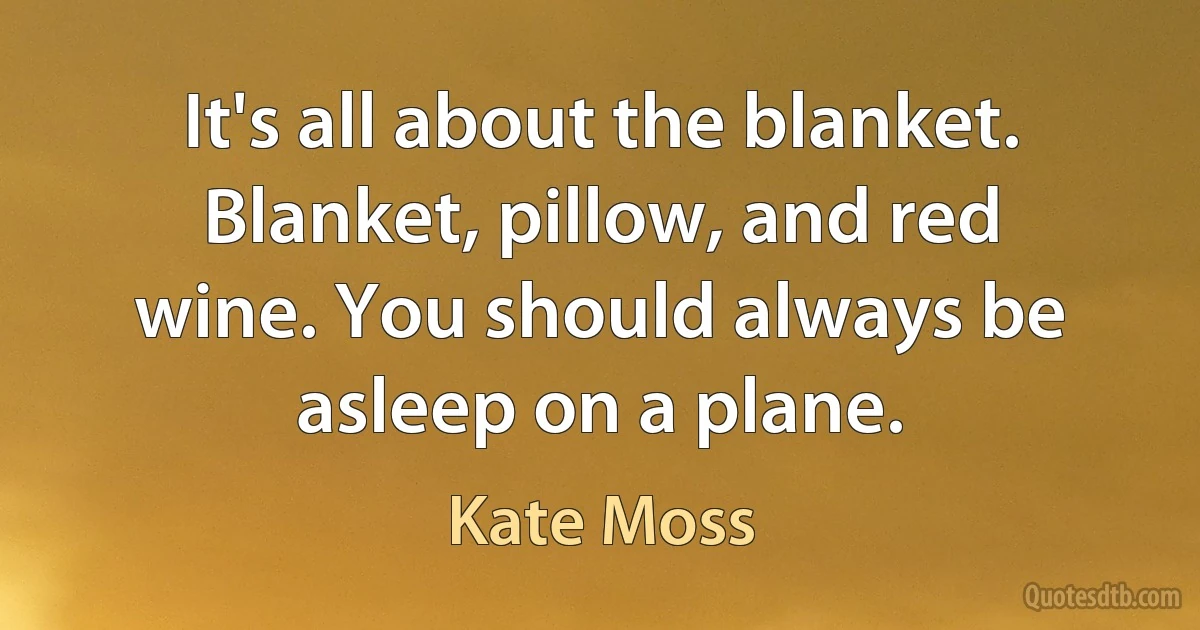 It's all about the blanket. Blanket, pillow, and red wine. You should always be asleep on a plane. (Kate Moss)