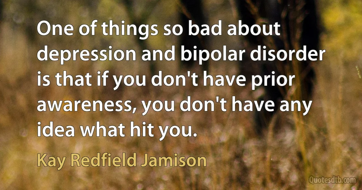 One of things so bad about depression and bipolar disorder is that if you don't have prior awareness, you don't have any idea what hit you. (Kay Redfield Jamison)