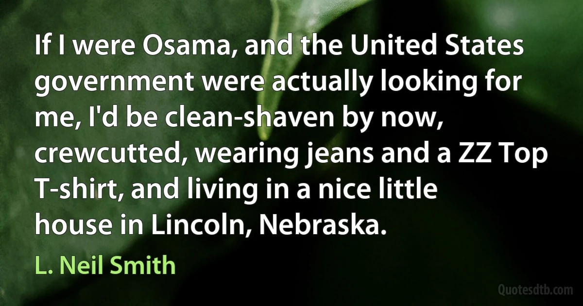 If I were Osama, and the United States government were actually looking for me, I'd be clean-shaven by now, crewcutted, wearing jeans and a ZZ Top T-shirt, and living in a nice little house in Lincoln, Nebraska. (L. Neil Smith)