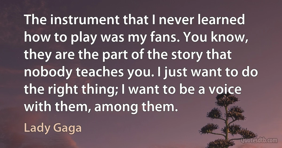 The instrument that I never learned how to play was my fans. You know, they are the part of the story that nobody teaches you. I just want to do the right thing; I want to be a voice with them, among them. (Lady Gaga)