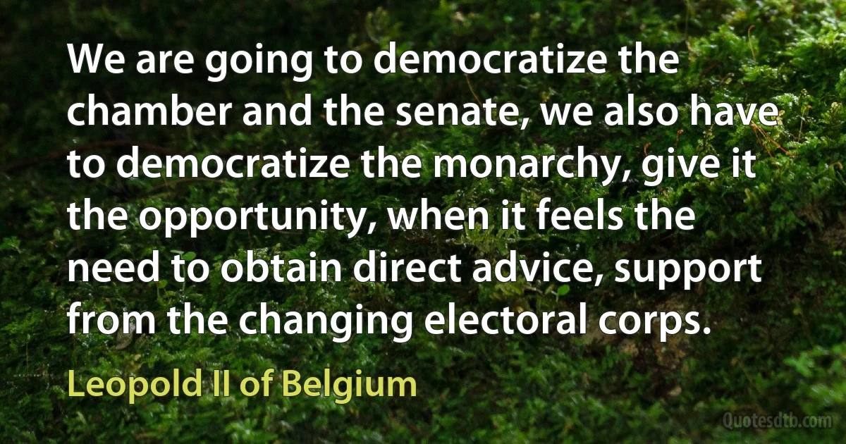 We are going to democratize the chamber and the senate, we also have to democratize the monarchy, give it the opportunity, when it feels the need to obtain direct advice, support from the changing electoral corps. (Leopold II of Belgium)