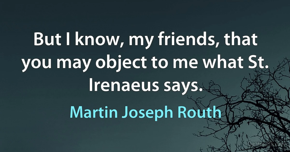 But I know, my friends, that you may object to me what St. Irenaeus says. (Martin Joseph Routh)