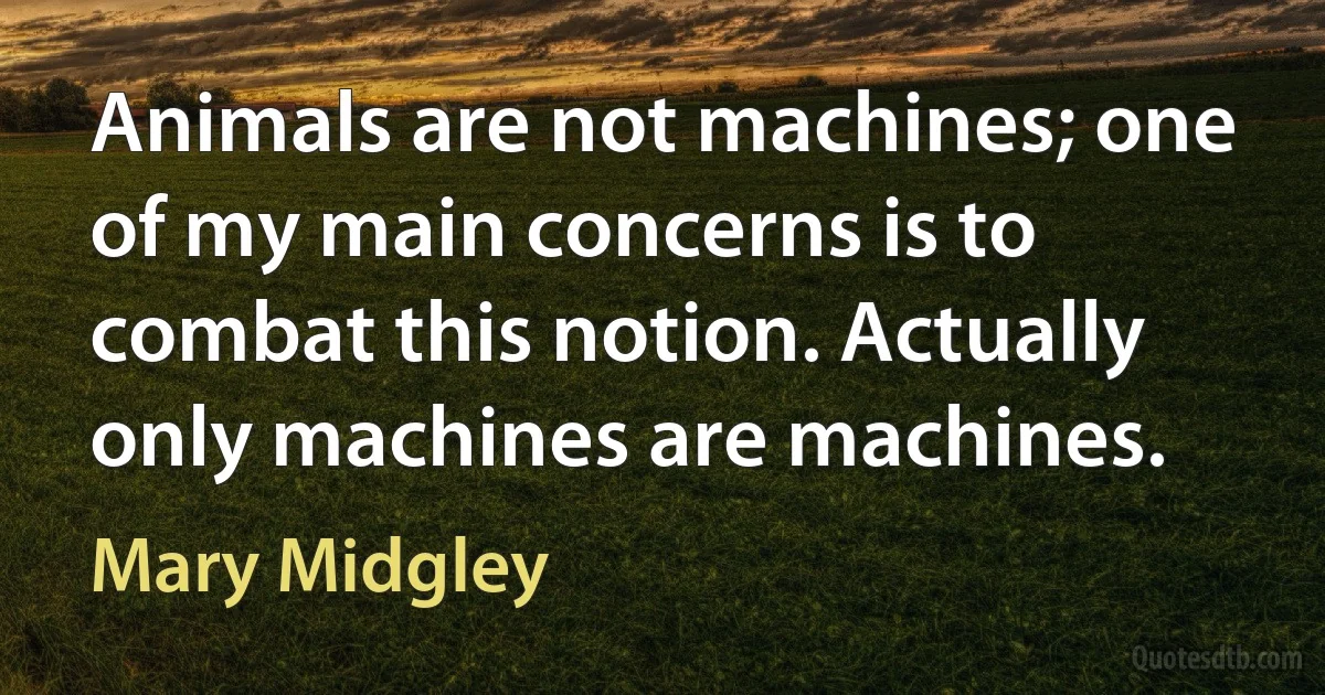 Animals are not machines; one of my main concerns is to combat this notion. Actually only machines are machines. (Mary Midgley)