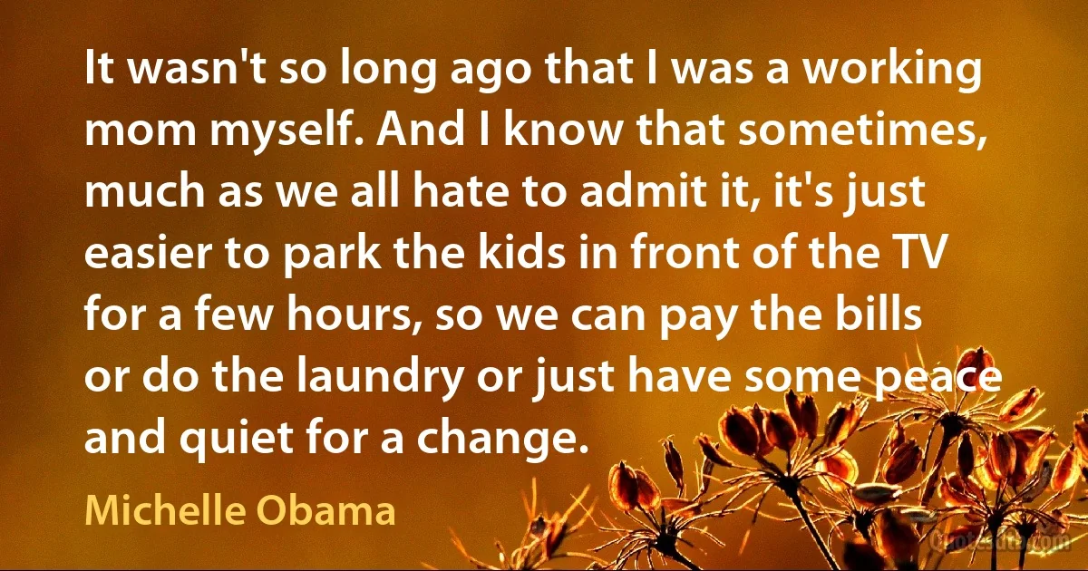 It wasn't so long ago that I was a working mom myself. And I know that sometimes, much as we all hate to admit it, it's just easier to park the kids in front of the TV for a few hours, so we can pay the bills or do the laundry or just have some peace and quiet for a change. (Michelle Obama)