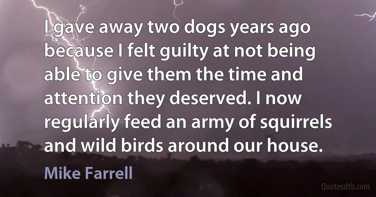 I gave away two dogs years ago because I felt guilty at not being able to give them the time and attention they deserved. I now regularly feed an army of squirrels and wild birds around our house. (Mike Farrell)