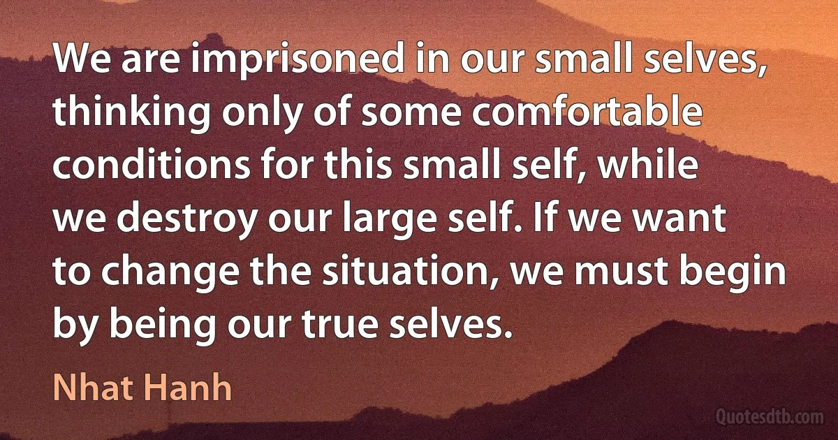 We are imprisoned in our small selves, thinking only of some comfortable conditions for this small self, while we destroy our large self. If we want to change the situation, we must begin by being our true selves. (Nhat Hanh)