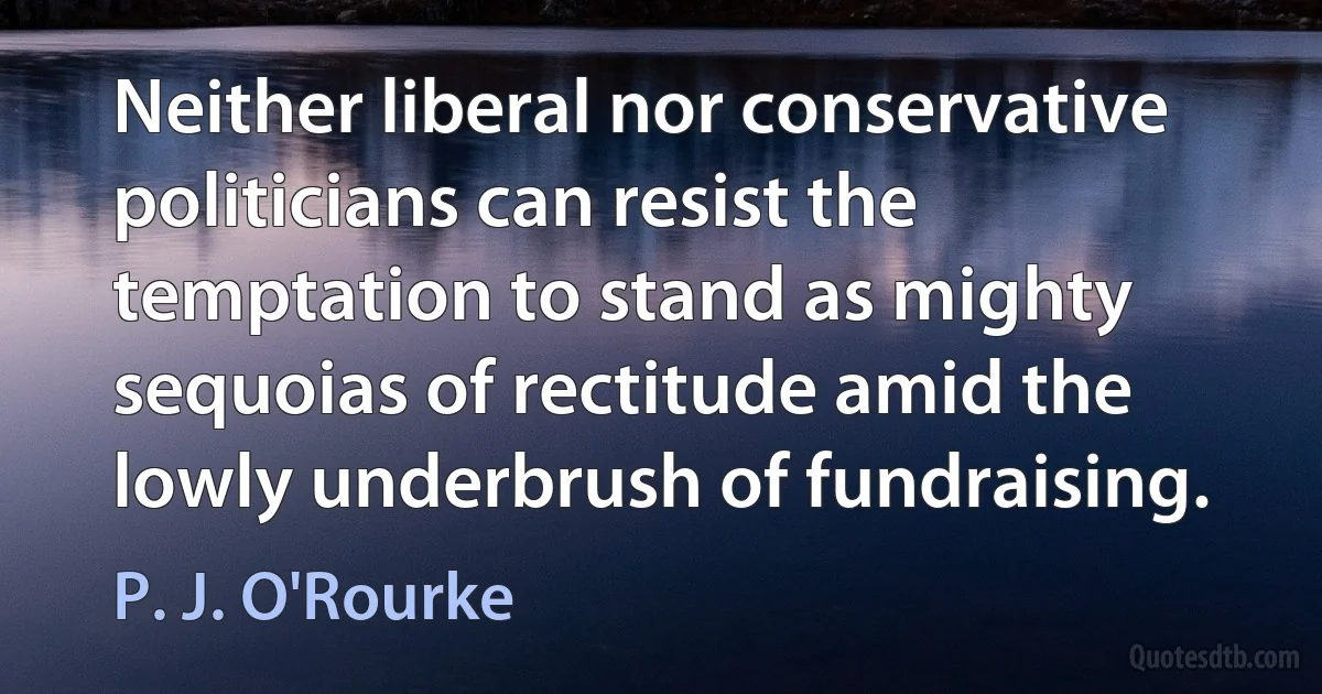 Neither liberal nor conservative politicians can resist the temptation to stand as mighty sequoias of rectitude amid the lowly underbrush of fundraising. (P. J. O'Rourke)