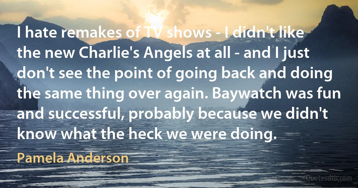 I hate remakes of TV shows - I didn't like the new Charlie's Angels at all - and I just don't see the point of going back and doing the same thing over again. Baywatch was fun and successful, probably because we didn't know what the heck we were doing. (Pamela Anderson)