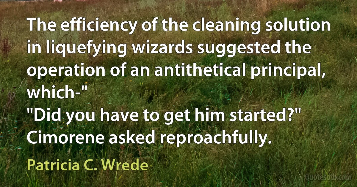 The efficiency of the cleaning solution in liquefying wizards suggested the operation of an antithetical principal, which-"
"Did you have to get him started?" Cimorene asked reproachfully. (Patricia C. Wrede)