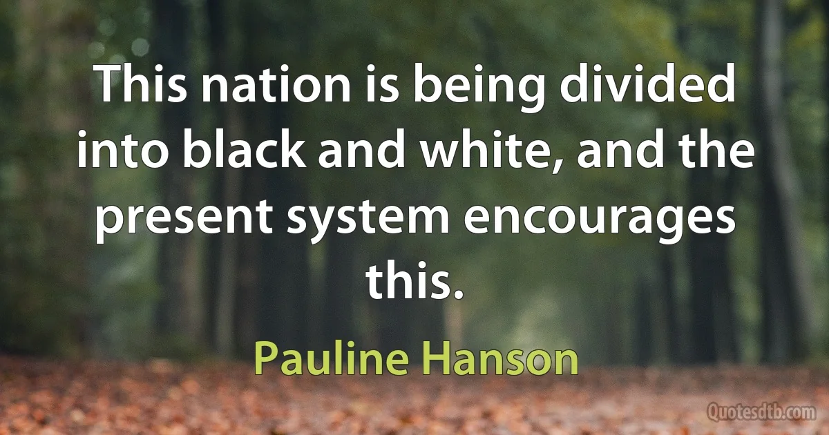 This nation is being divided into black and white, and the present system encourages this. (Pauline Hanson)