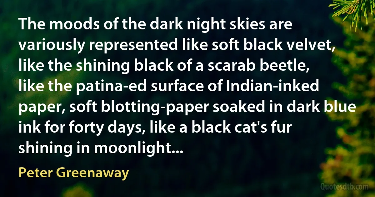 The moods of the dark night skies are variously represented like soft black velvet, like the shining black of a scarab beetle, like the patina-ed surface of Indian-inked paper, soft blotting-paper soaked in dark blue ink for forty days, like a black cat's fur shining in moonlight... (Peter Greenaway)