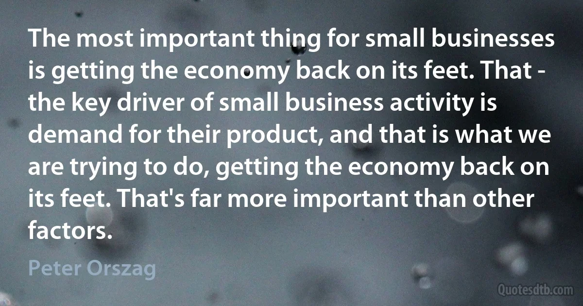 The most important thing for small businesses is getting the economy back on its feet. That - the key driver of small business activity is demand for their product, and that is what we are trying to do, getting the economy back on its feet. That's far more important than other factors. (Peter Orszag)