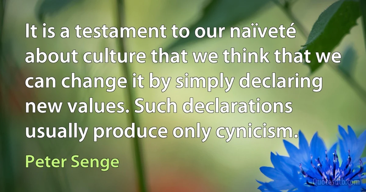 It is a testament to our naïveté about culture that we think that we can change it by simply declaring new values. Such declarations usually produce only cynicism. (Peter Senge)