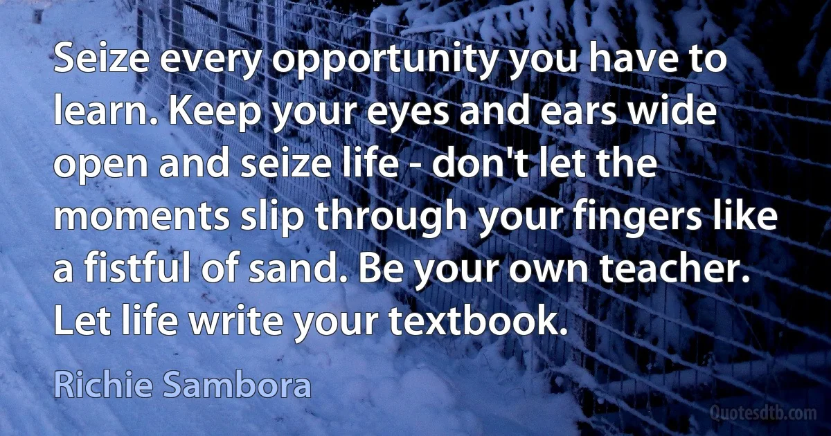 Seize every opportunity you have to learn. Keep your eyes and ears wide open and seize life - don't let the moments slip through your fingers like a fistful of sand. Be your own teacher. Let life write your textbook. (Richie Sambora)