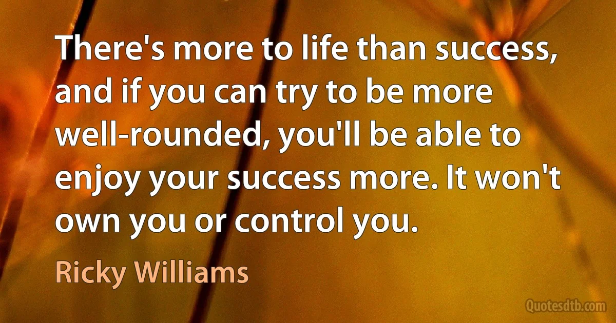 There's more to life than success, and if you can try to be more well-rounded, you'll be able to enjoy your success more. It won't own you or control you. (Ricky Williams)