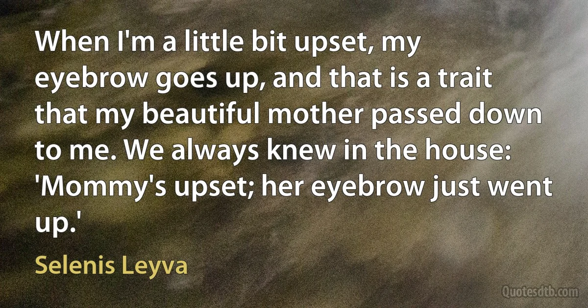 When I'm a little bit upset, my eyebrow goes up, and that is a trait that my beautiful mother passed down to me. We always knew in the house: 'Mommy's upset; her eyebrow just went up.' (Selenis Leyva)