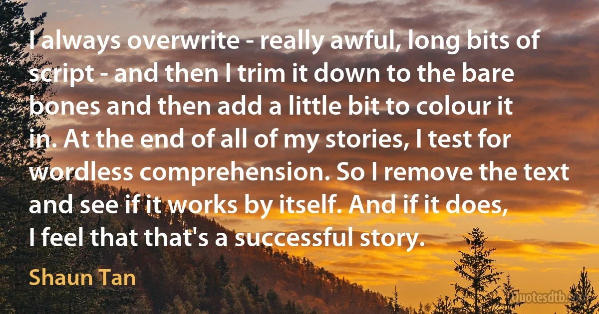 I always overwrite - really awful, long bits of script - and then I trim it down to the bare bones and then add a little bit to colour it in. At the end of all of my stories, I test for wordless comprehension. So I remove the text and see if it works by itself. And if it does, I feel that that's a successful story. (Shaun Tan)