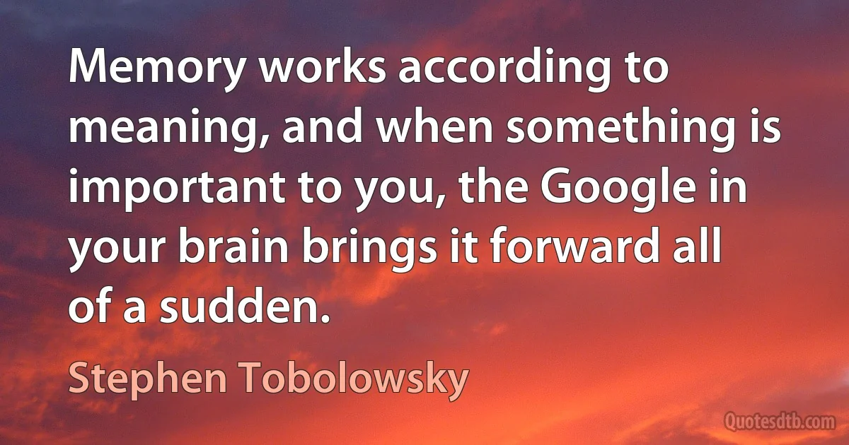 Memory works according to meaning, and when something is important to you, the Google in your brain brings it forward all of a sudden. (Stephen Tobolowsky)