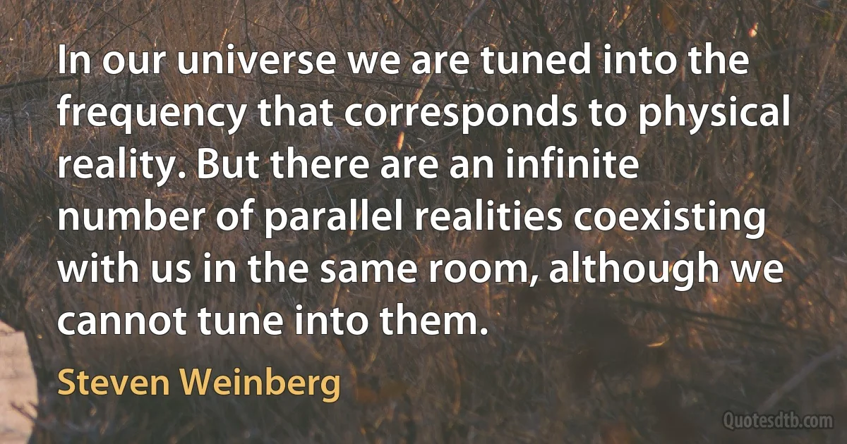 In our universe we are tuned into the frequency that corresponds to physical reality. But there are an infinite number of parallel realities coexisting with us in the same room, although we cannot tune into them. (Steven Weinberg)