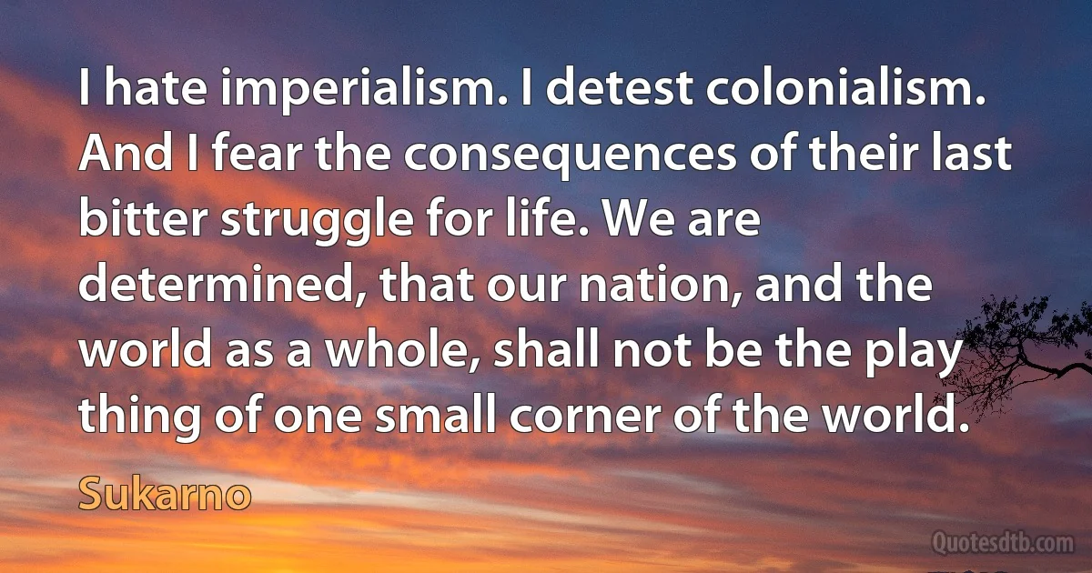 I hate imperialism. I detest colonialism. And I fear the consequences of their last bitter struggle for life. We are determined, that our nation, and the world as a whole, shall not be the play thing of one small corner of the world. (Sukarno)